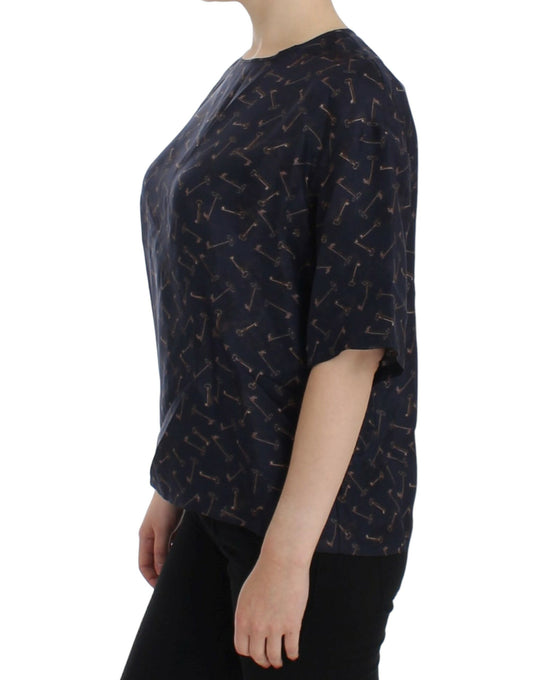 Blusa de seda con estampado de llave azul dorada