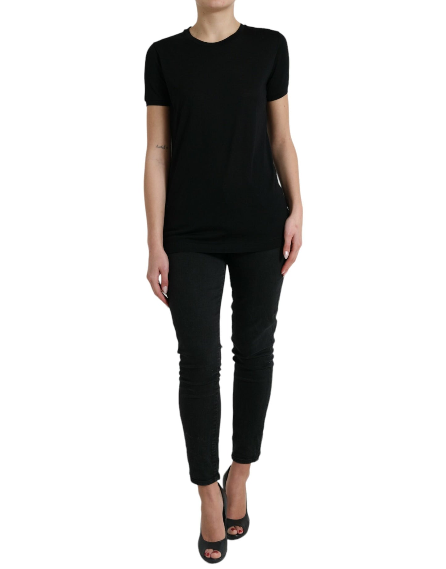 T-shirt ras du cou à manches courtes en laine noire