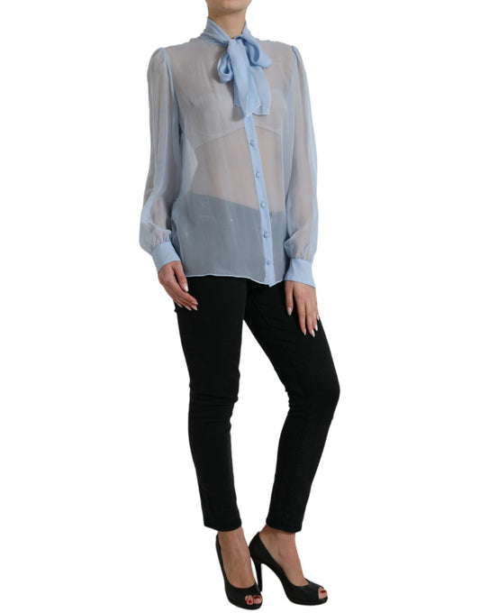 Blusa azul de manga larga con cuello Ascot