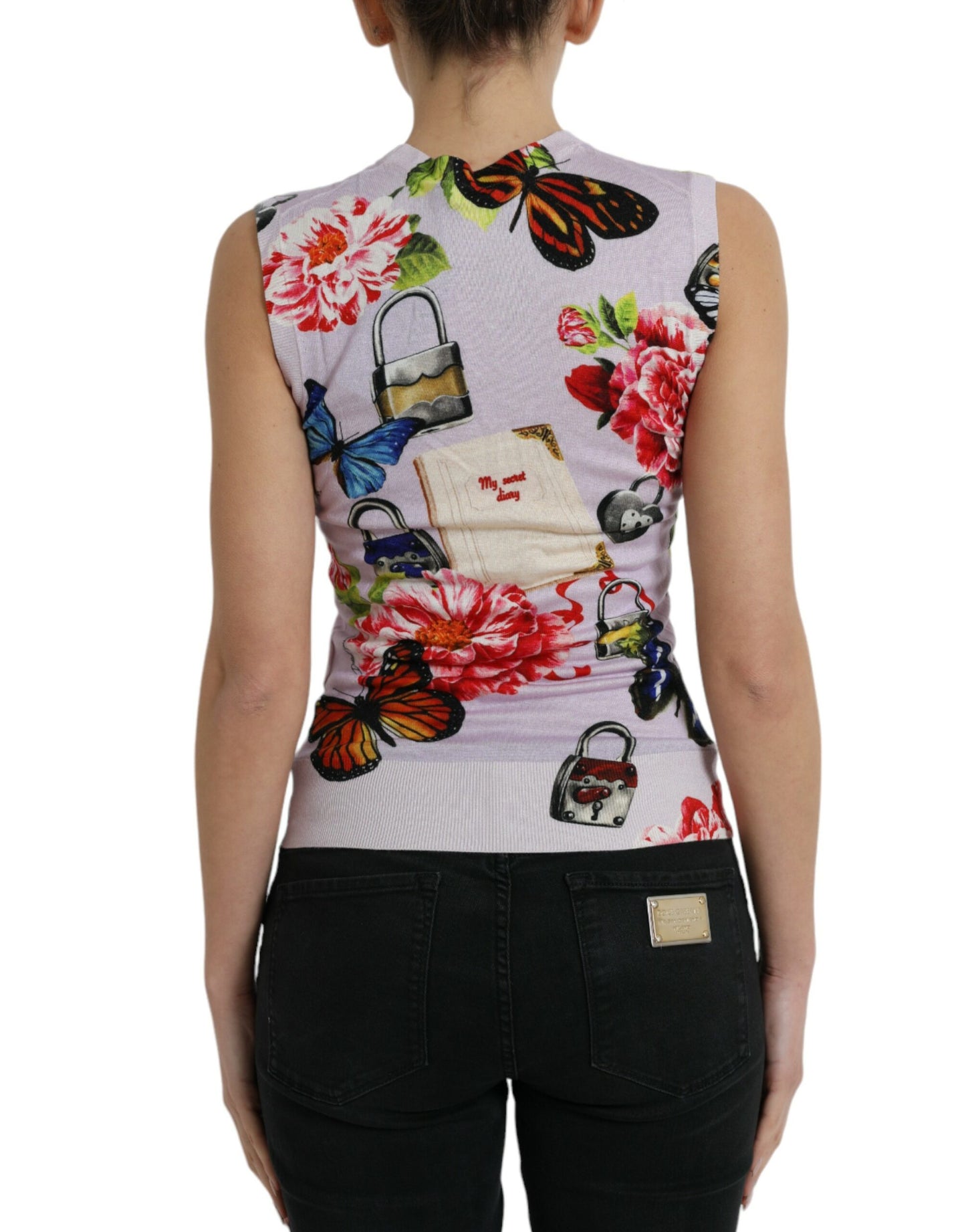 Camiseta sin mangas con mariposa y candado floral multicolor