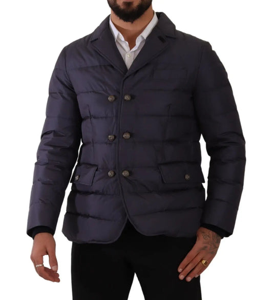 Chaqueta de invierno tipo blusón de seda azul de cabra