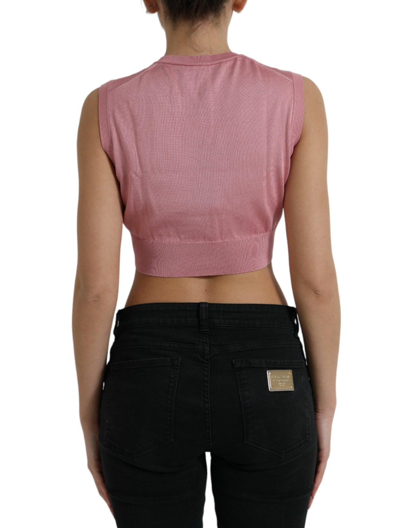 Top corto sin mangas con cuello redondo rosa
