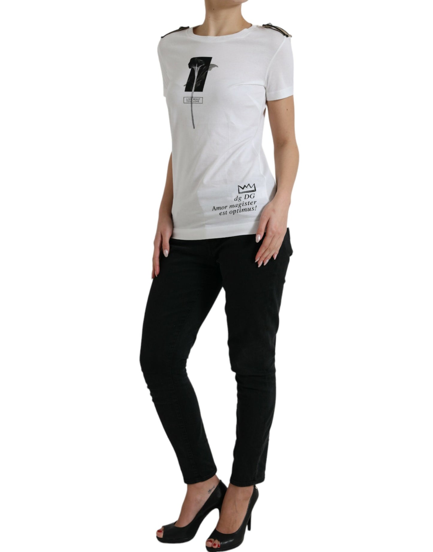 Camiseta de algodón con cuello redondo y rosas blancas y negras