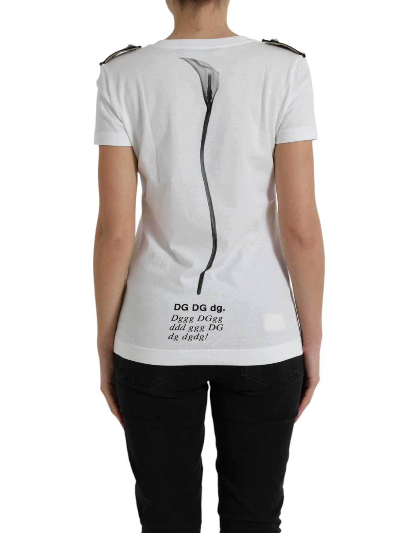 Camiseta de algodón con cuello redondo y rosas blancas y negras
