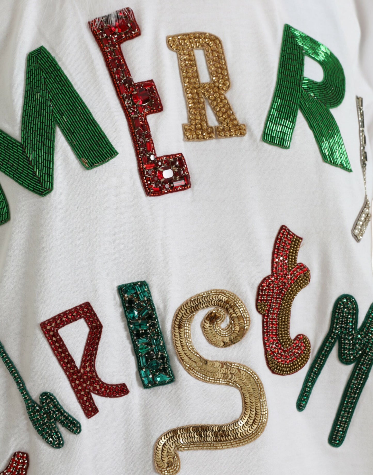 Camiseta navideña de algodón blanco con lentejuelas y pelo