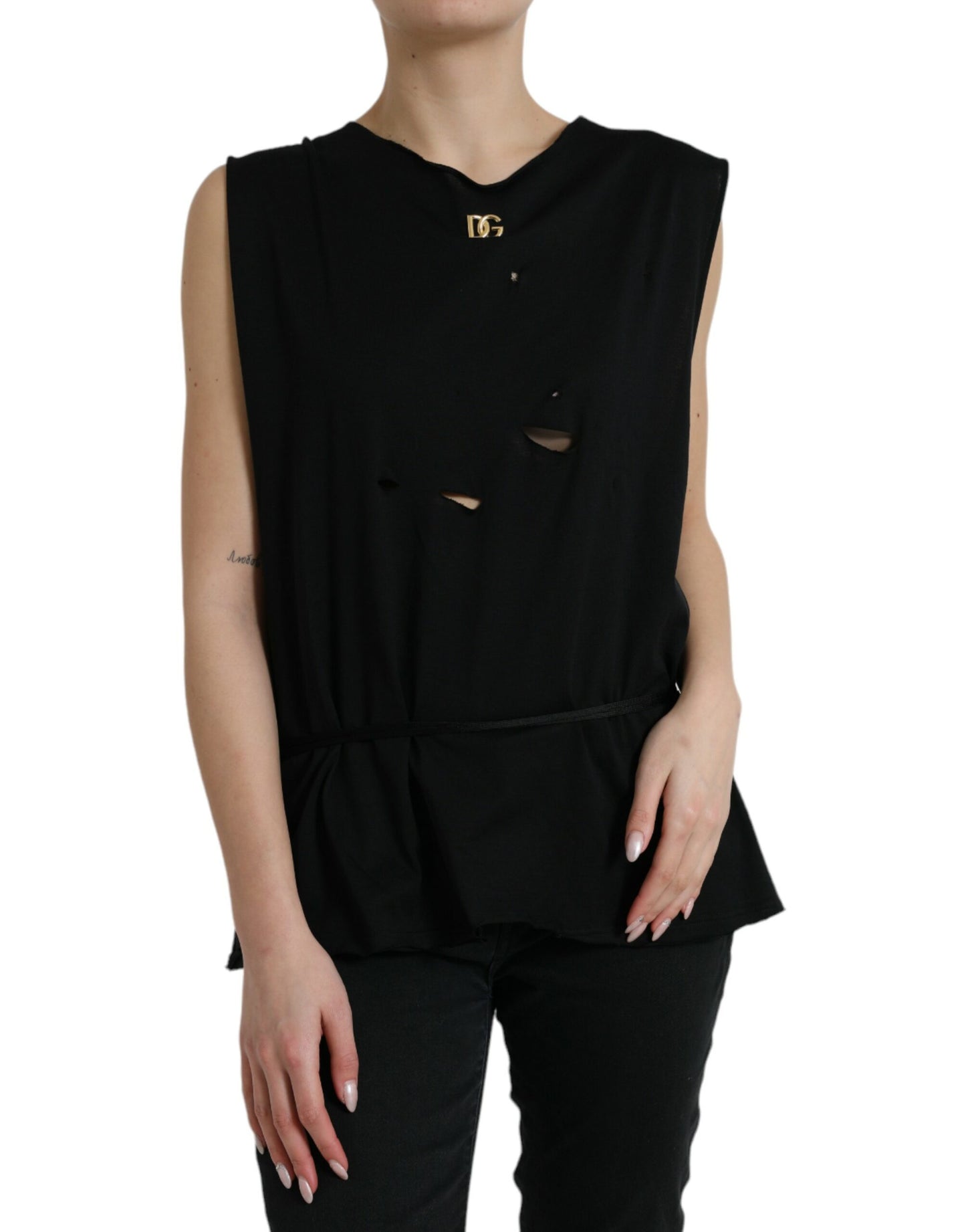 Camiseta sin mangas de algodón negro con cuello redondo y cordones con logotipo