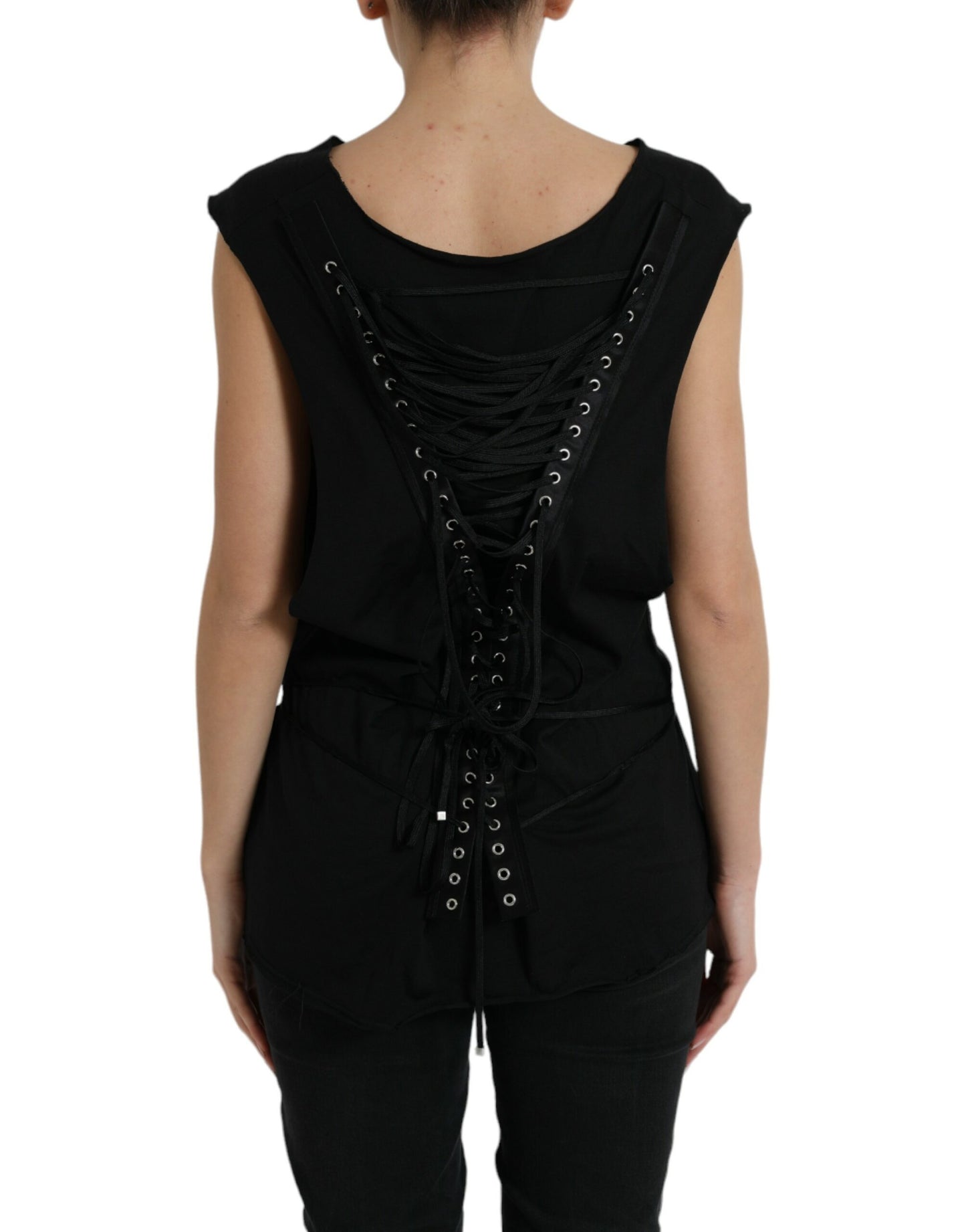 Camiseta sin mangas de algodón negro con cuello redondo y cordones con logotipo