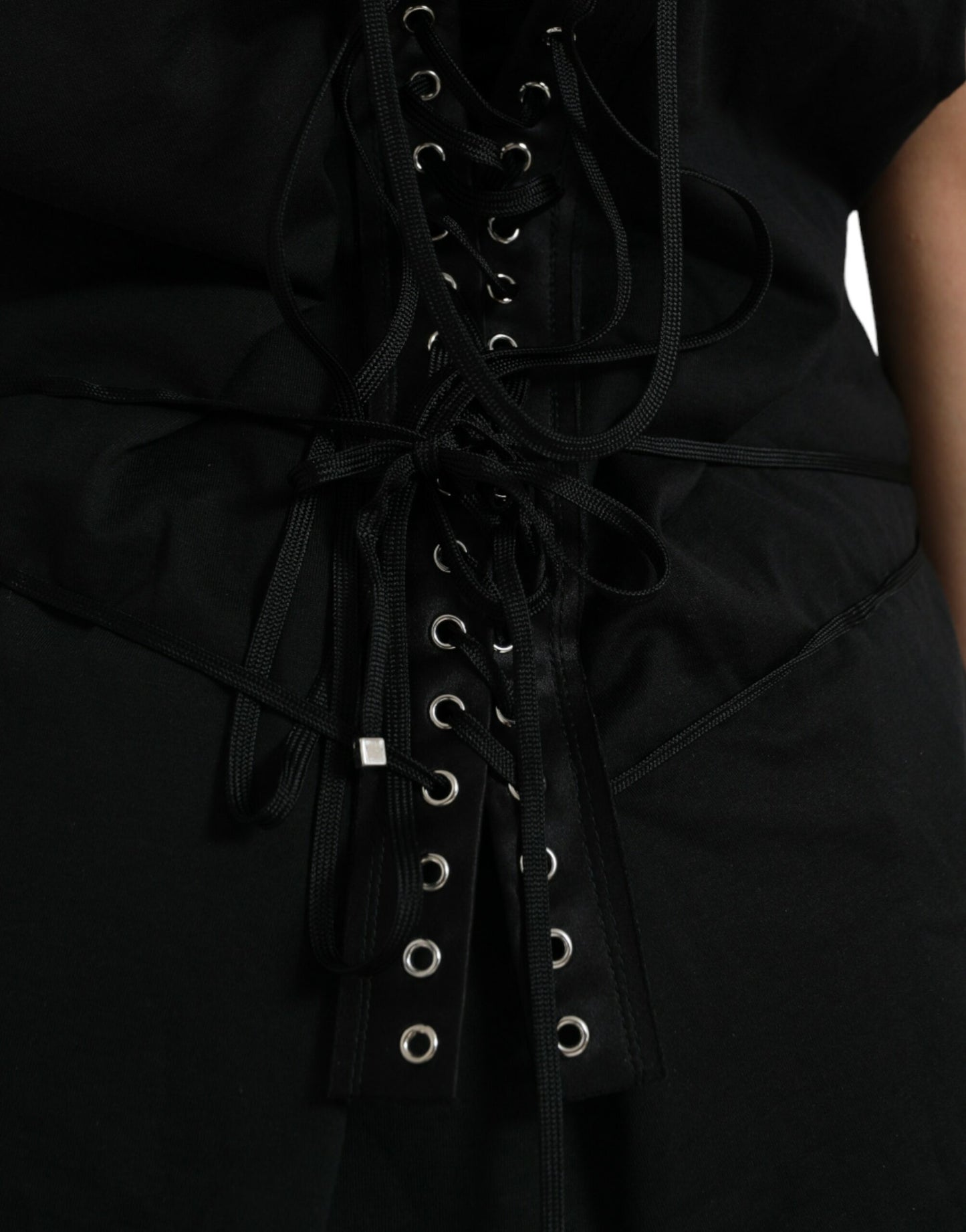 Camiseta sin mangas de algodón negro con cuello redondo y cordones con logotipo