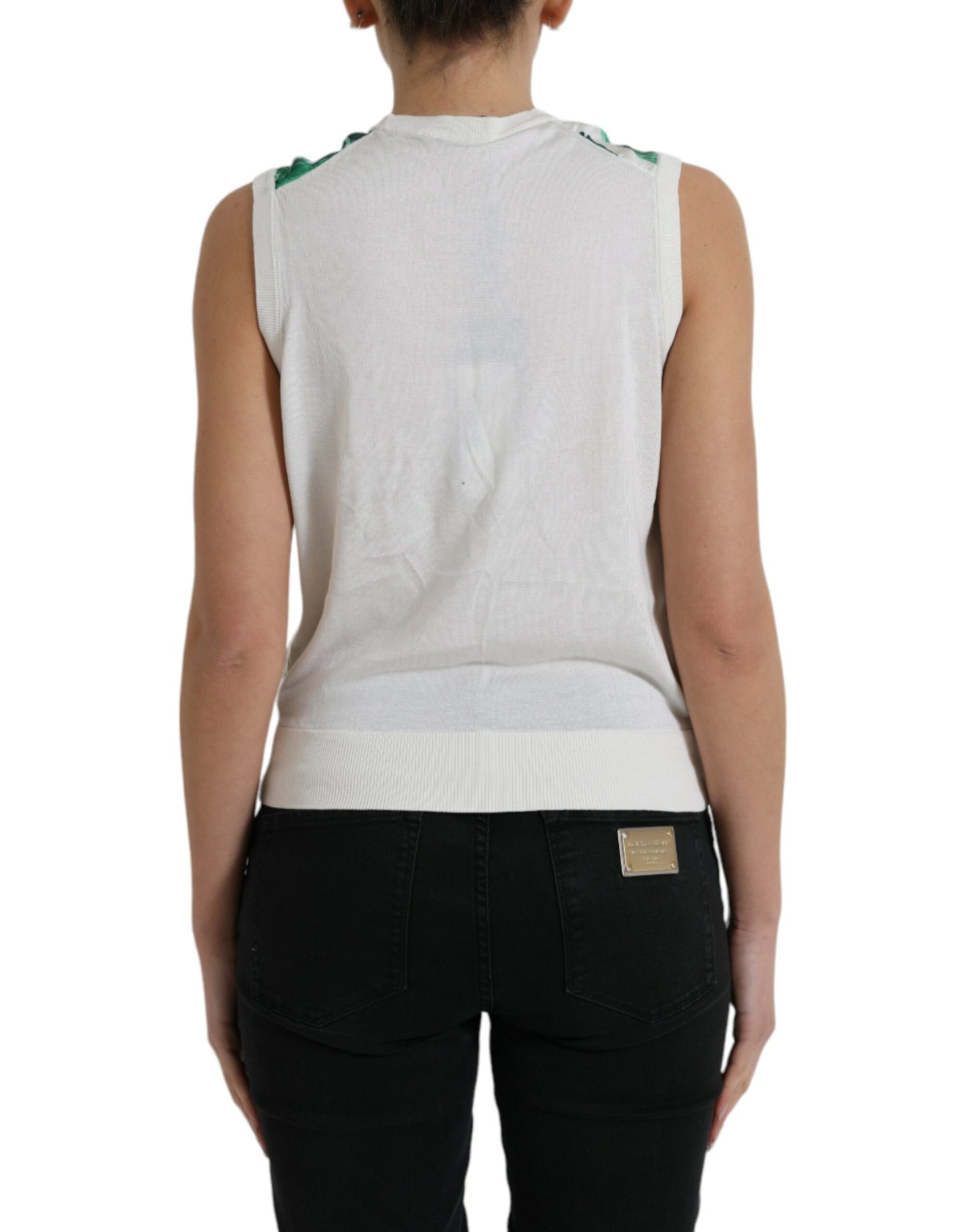 Camiseta sin mangas de cuello redondo con estampado de hojas de plátano blancas