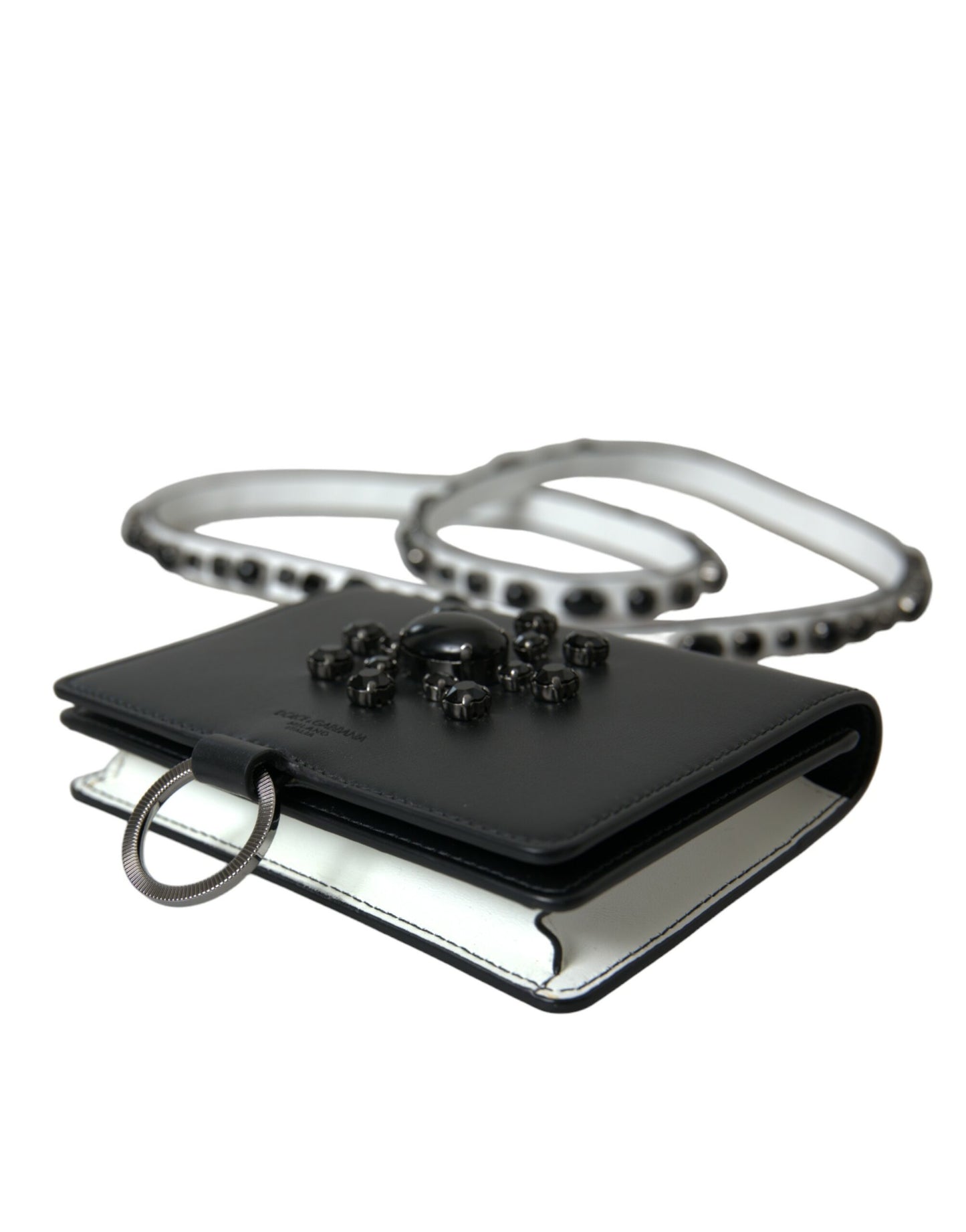 Cartera para tarjetas de cuero blanco y negro con adornos de cristales