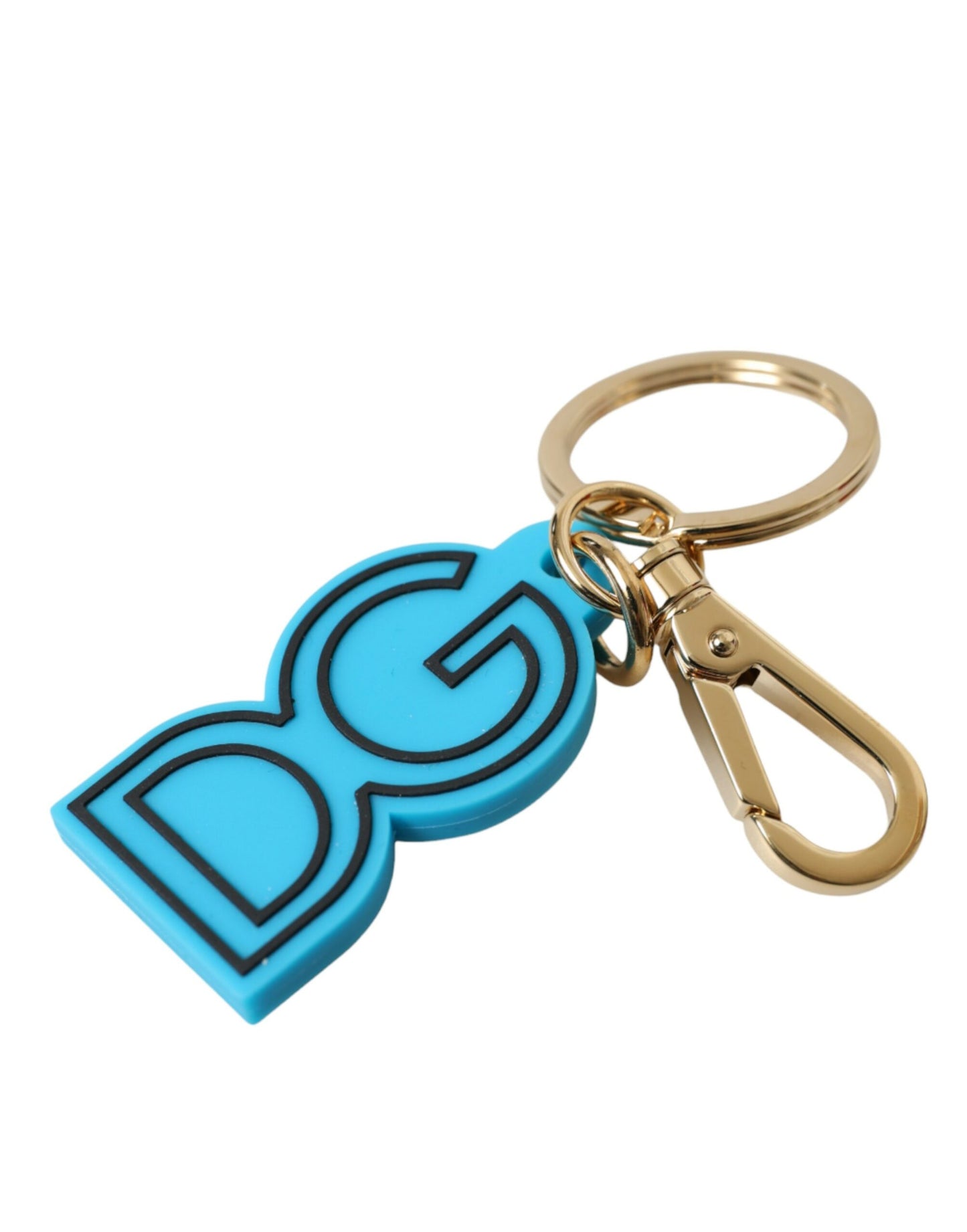 Llavero con el logotipo de DG en metal dorado y goma azul