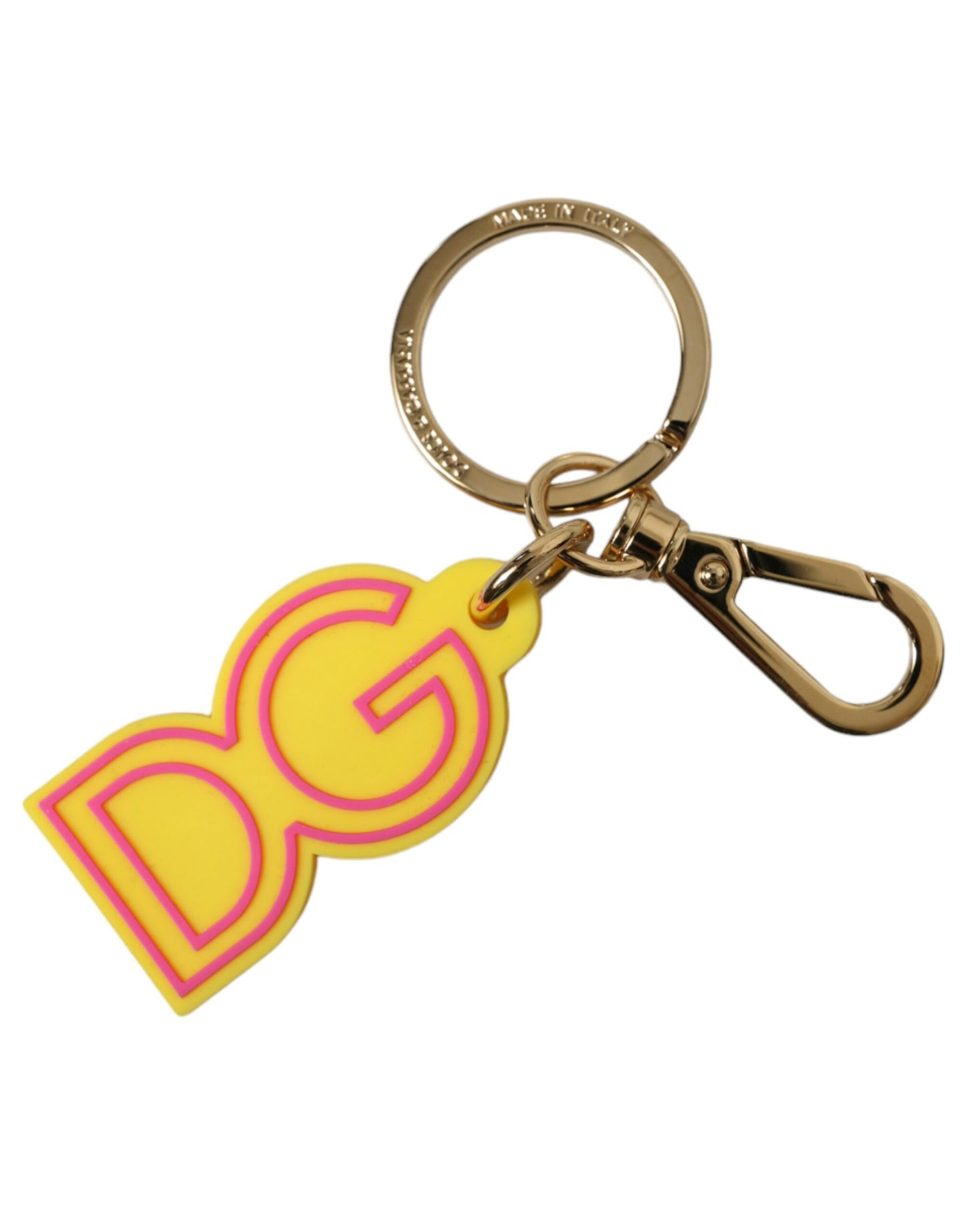 Porte-clés en caoutchouc jaune et métal doré avec logo DG
