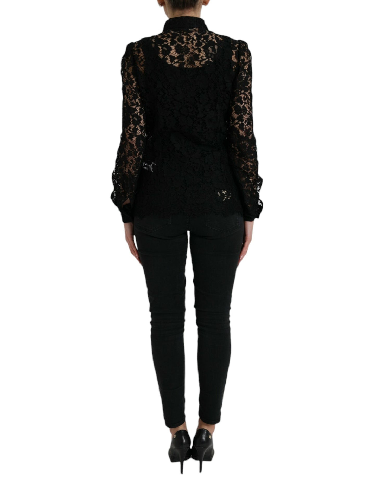 Blusa de manga larga con encaje floral negro