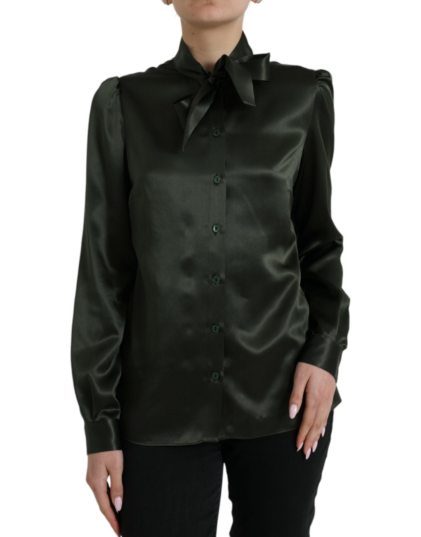 Blusa gris de manga larga con cuello Ascot