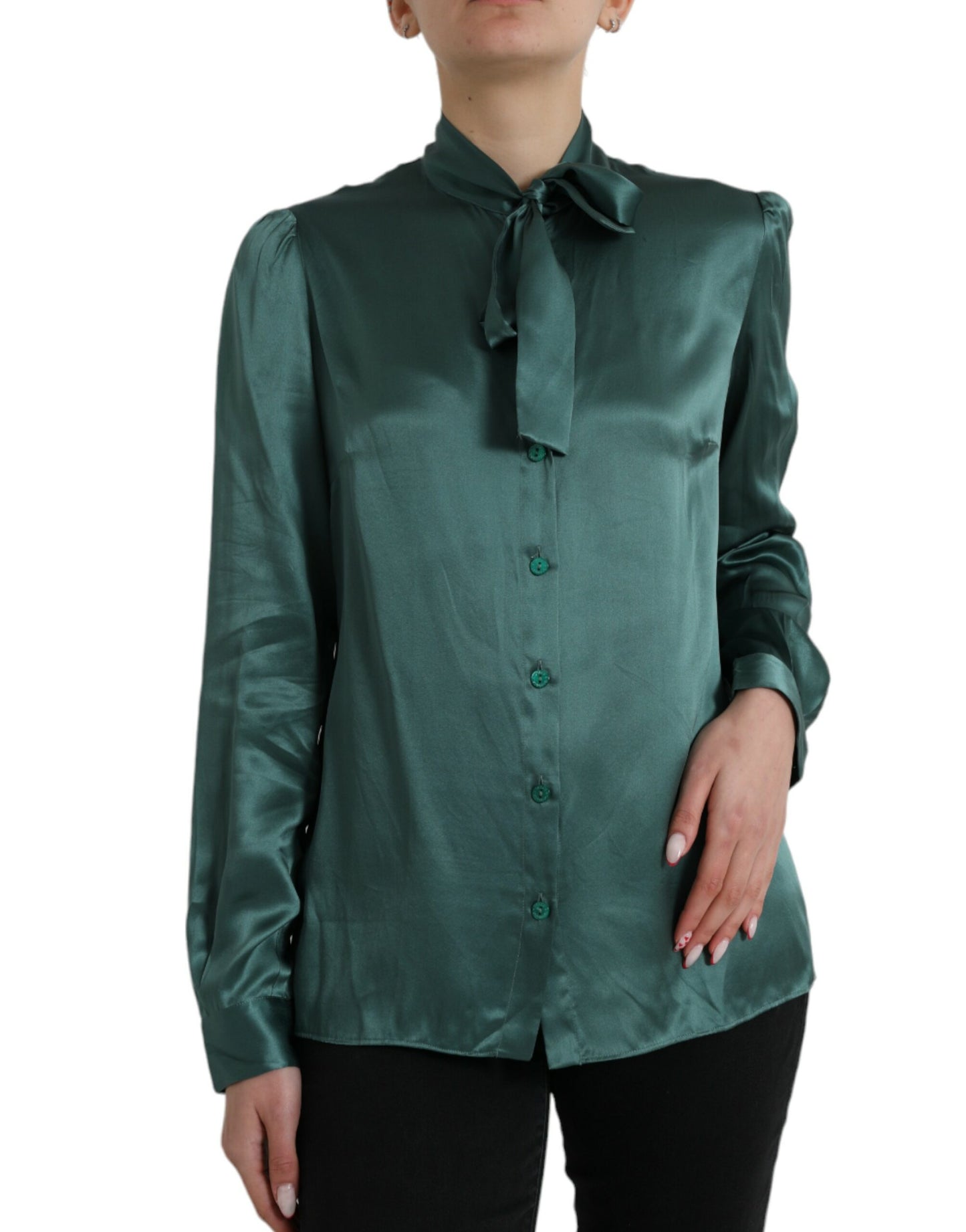 Blusa de seda verde oscuro con cuello Ascot