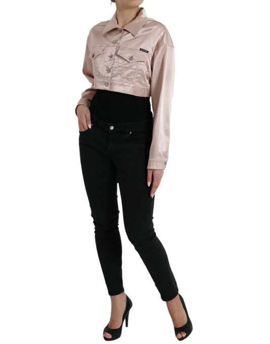 Pink Cotton Stretch Collared Cropped Jacket