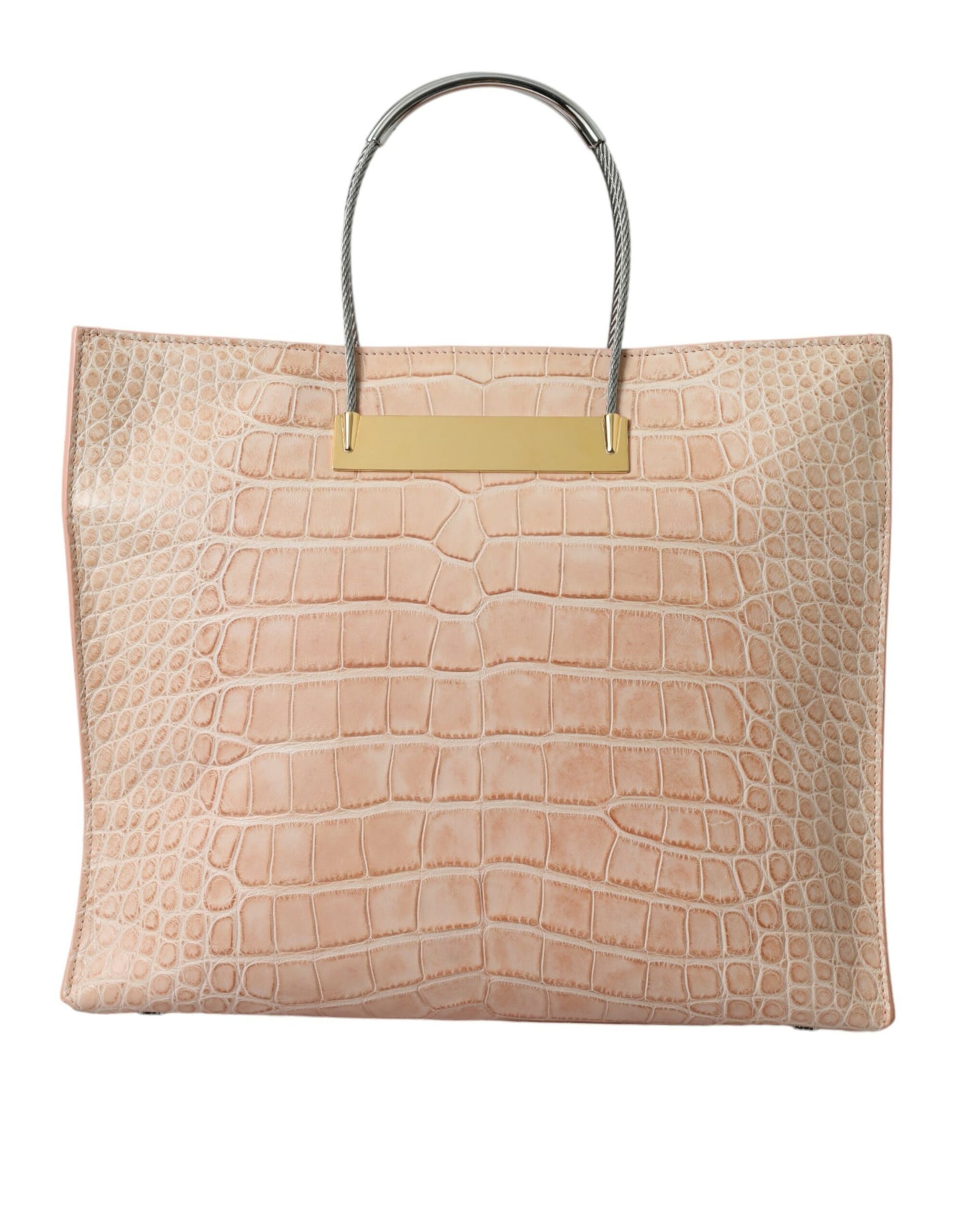 Bolso tote de compras con asa de cable en relieve de cuero exótico rosa