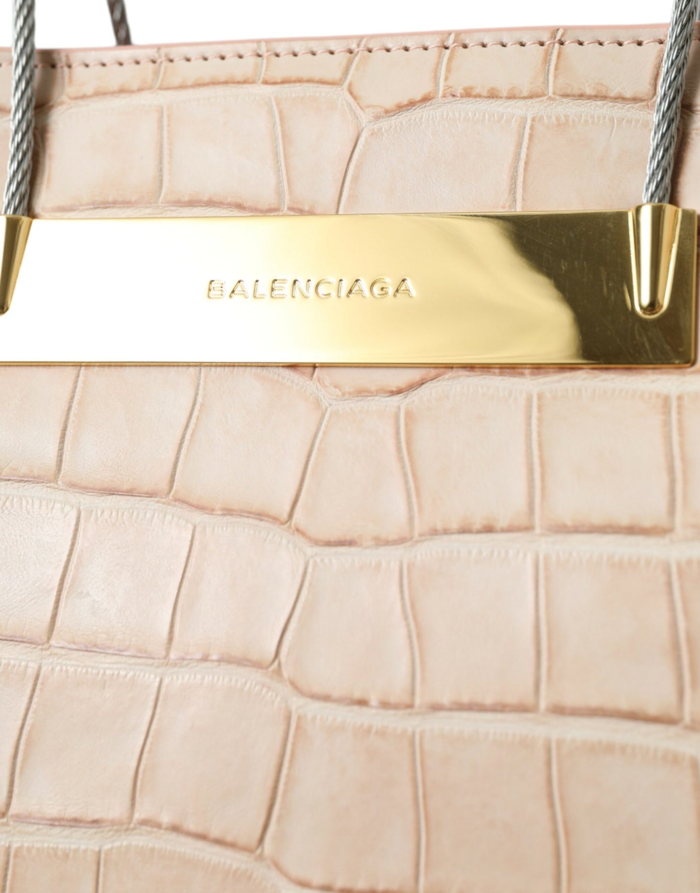 Bolso tote de compras con asa de cable en relieve de cuero exótico rosa