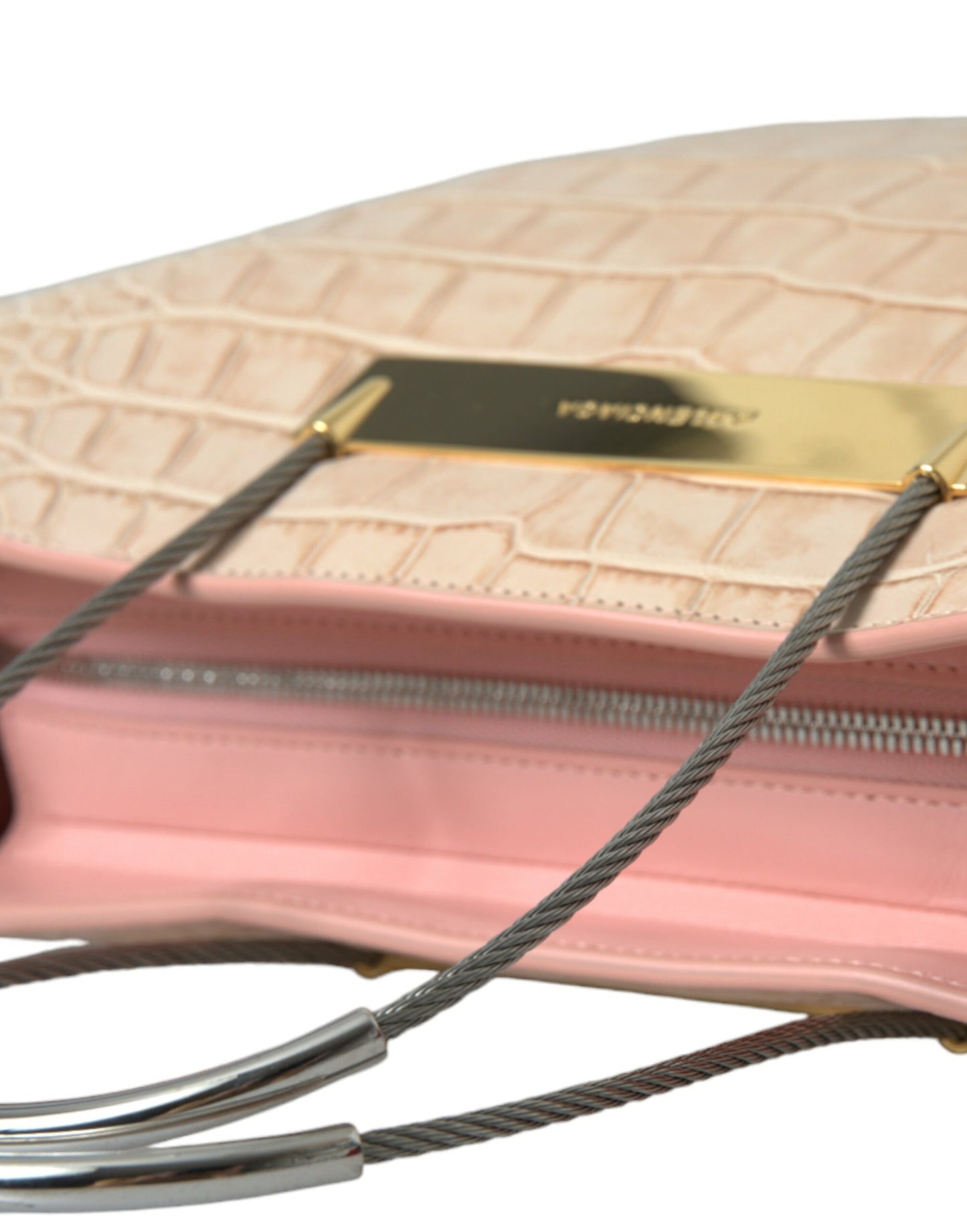 Bolso tote de compras con asa de cable en relieve de cuero exótico rosa