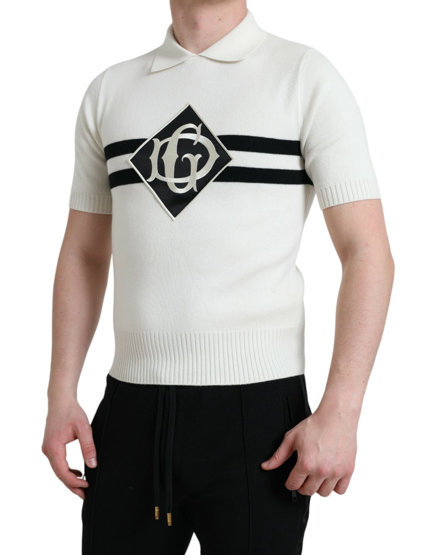 T-shirt Henley blanc à col avec logo DG