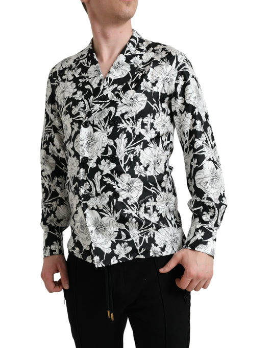 Chemise décontractée boutonnée à fleurs noires et blanches