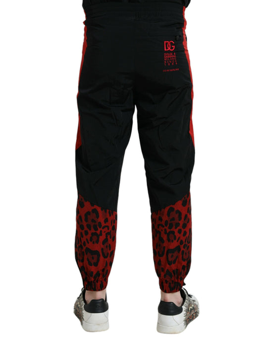 Pantalon de jogging en nylon à imprimé léopard noir et rouge