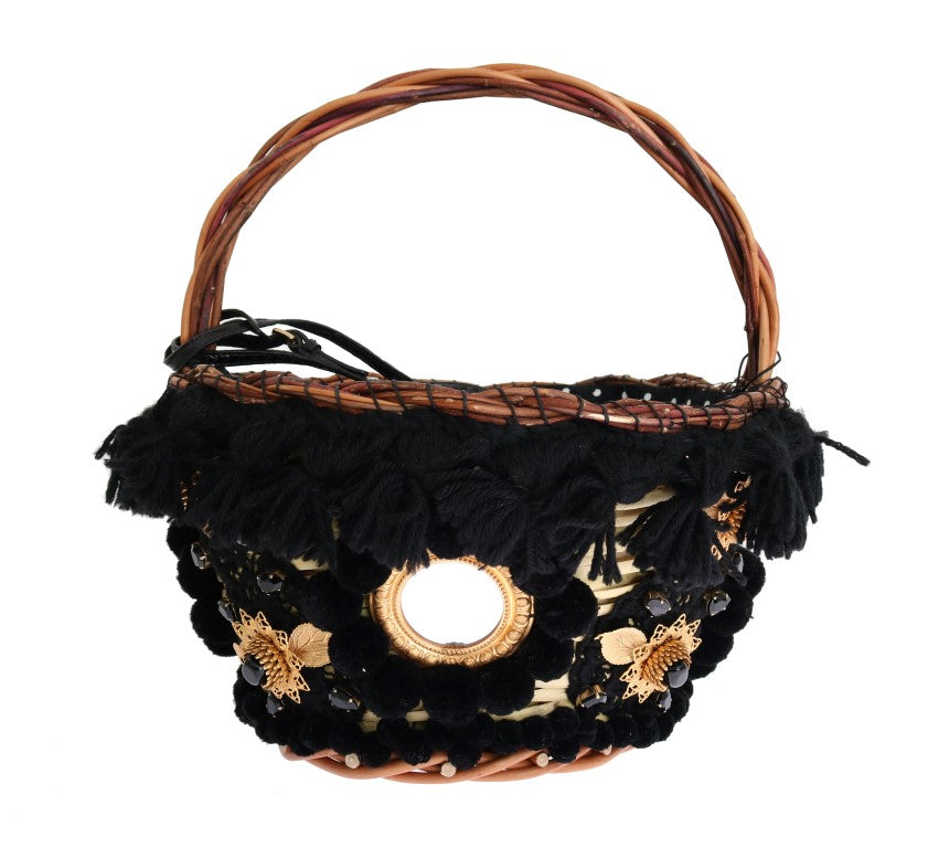 Bolso AGNESE de paja beige con pompones de piel de serpiente y cristales