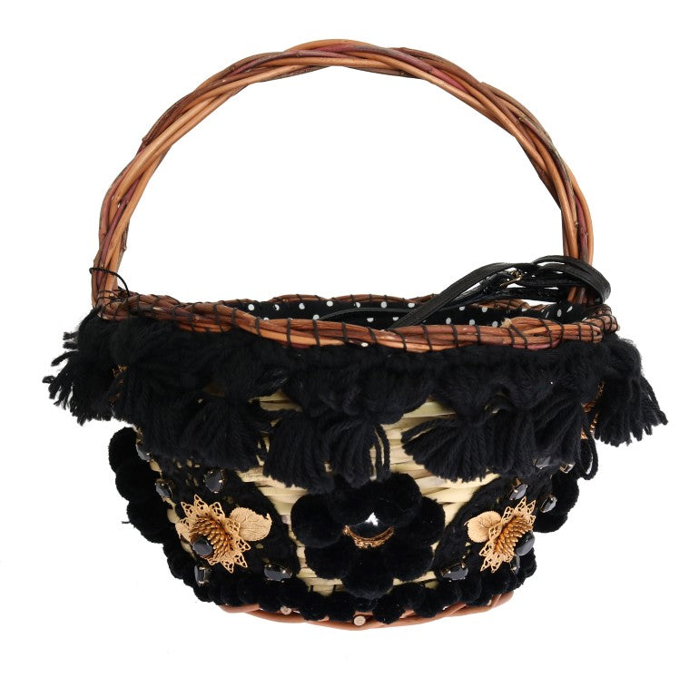 Bolso AGNESE de paja beige con pompones de piel de serpiente y cristales