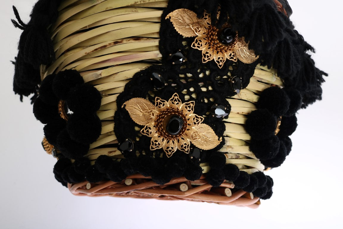 Bolso AGNESE de paja beige con pompones de piel de serpiente y cristales