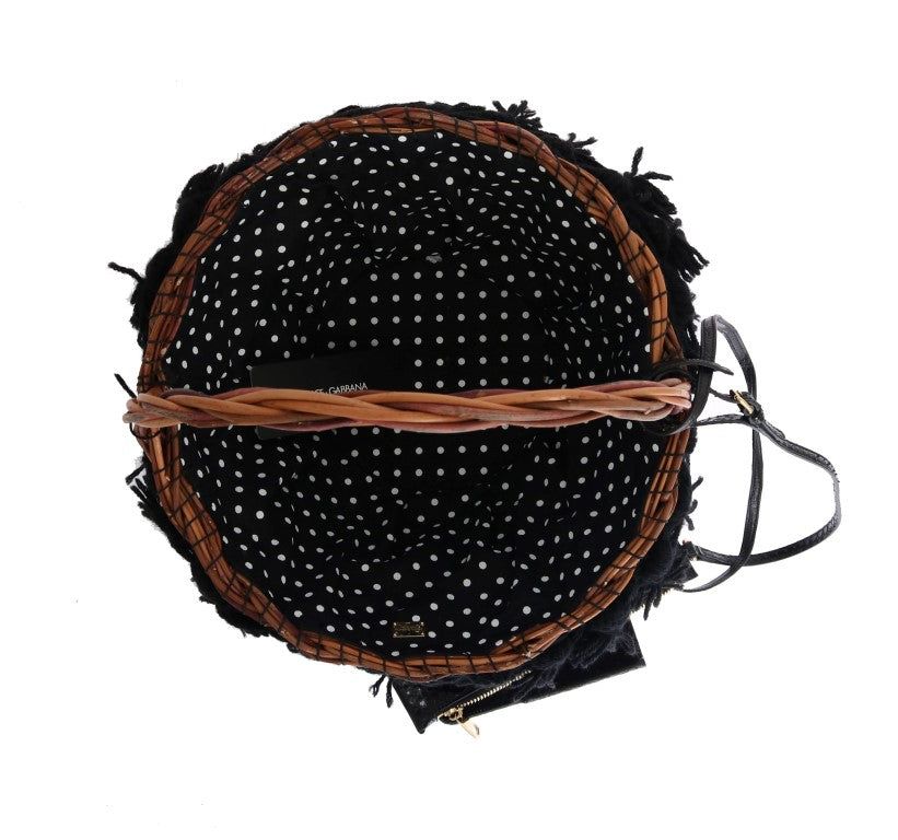 Bolso AGNESE de paja beige con pompones de piel de serpiente y cristales