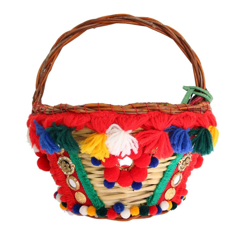 Bolso AGNESE multicolor con pompones de cristal y paja