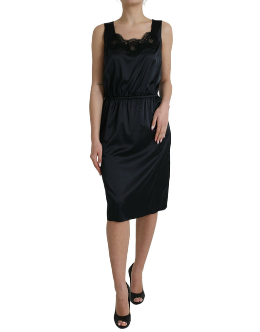 Robe mi-longue fourreau noire en polyester avec bordure en dentelle