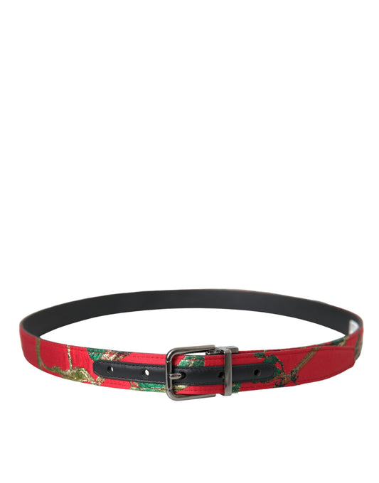 Ceinture en cuir rouge jacquard avec boucle en métal argenté