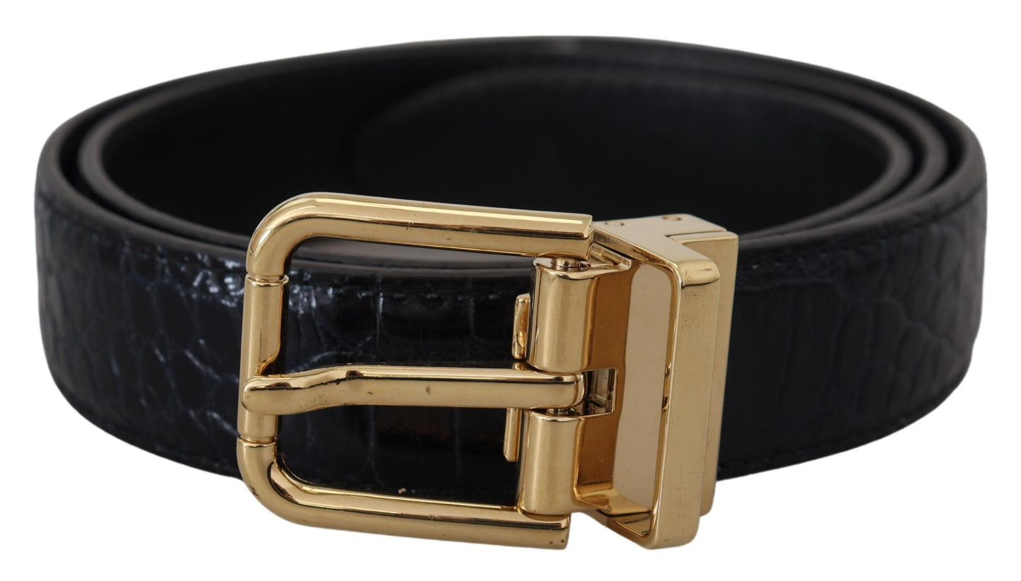 Ceinture en cuir exotique noir avec boucle en métal doré