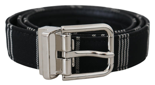 Ceinture en coton noir et blanc avec boucle en métal argenté
