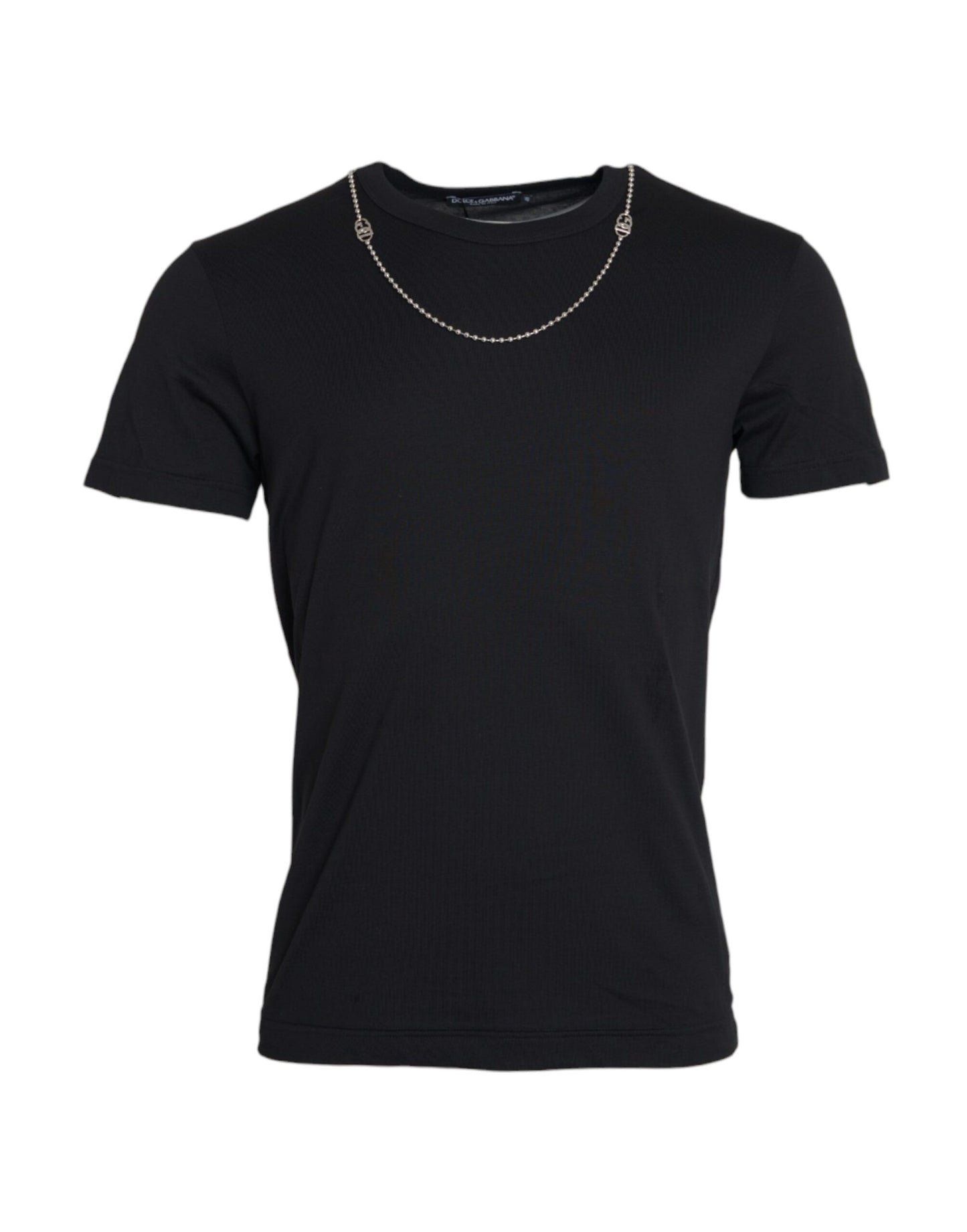 T-shirt à manches courtes en coton noir avec chaîne argentée