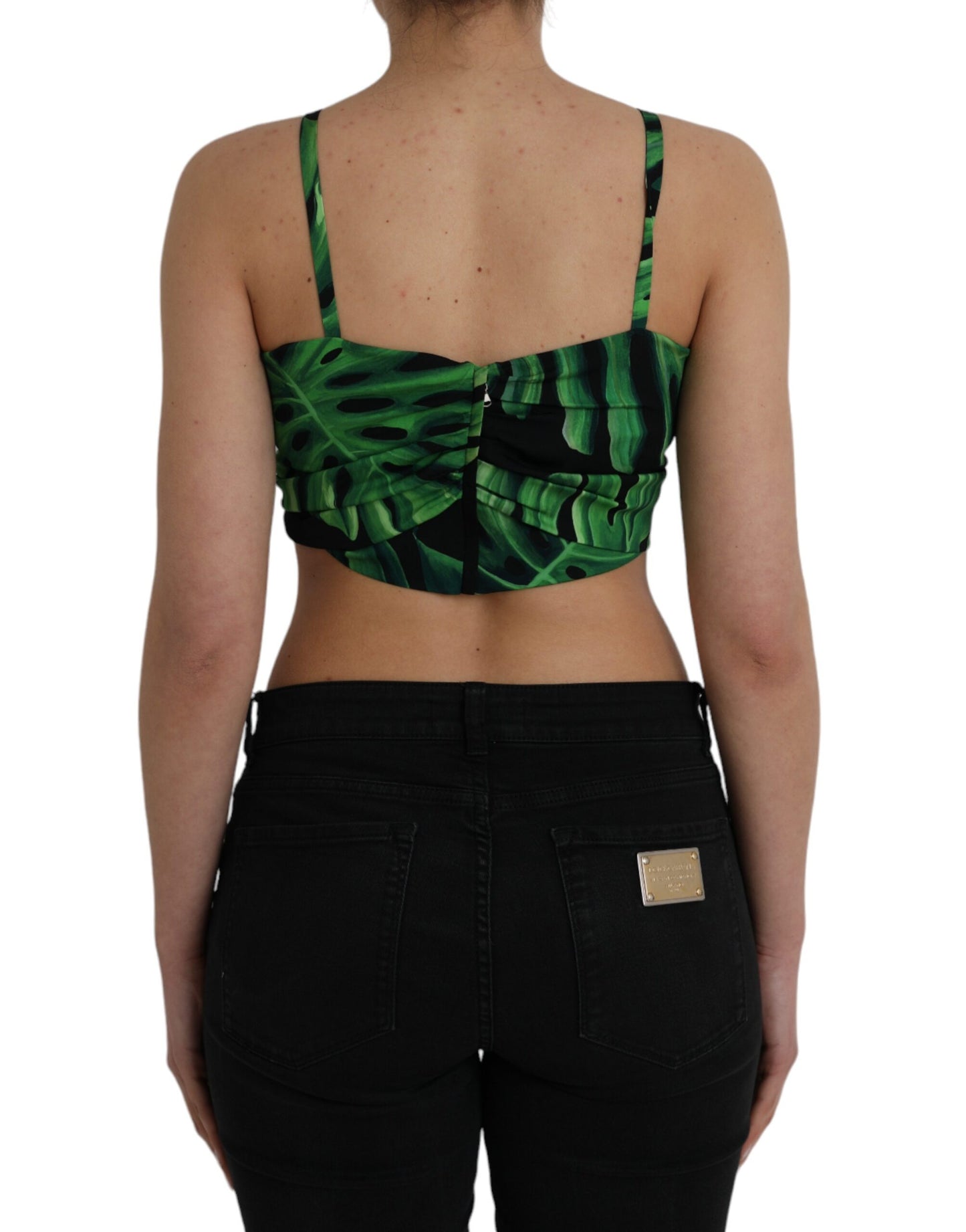 Top corto de seda con cuello halter y hojas verdes y negras