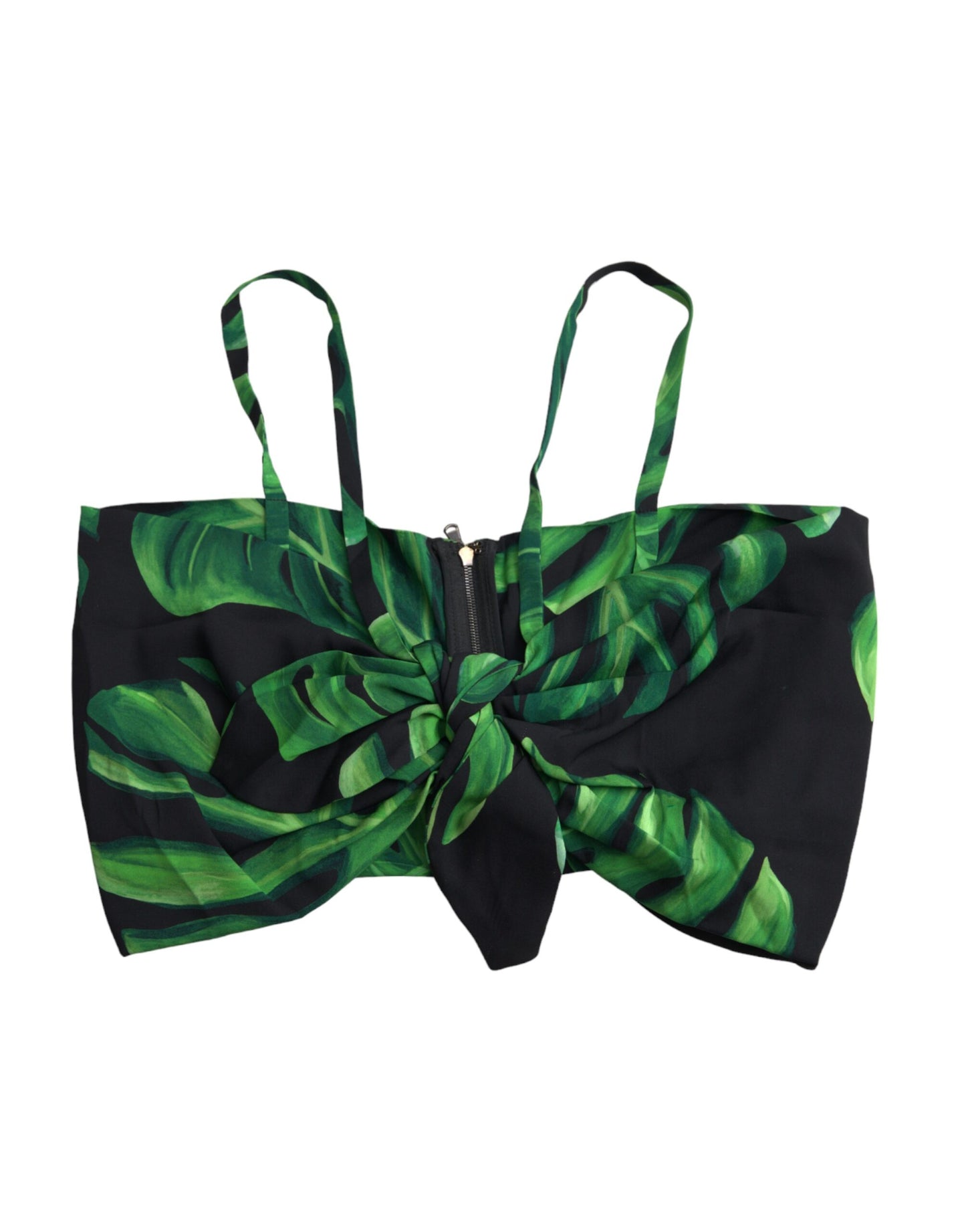 Top corto de seda con cuello halter y hojas verdes y negras