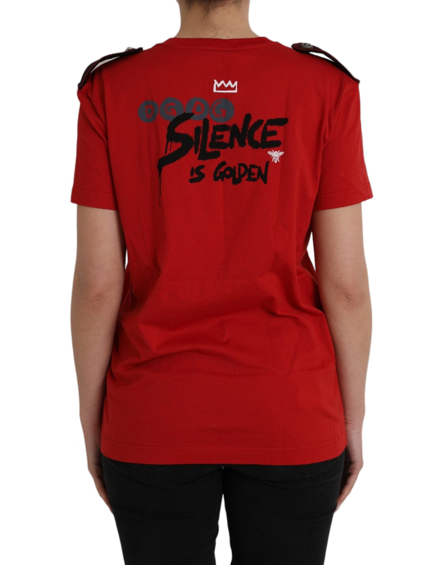 Camiseta de algodón roja con cuello redondo y estampado gráfico