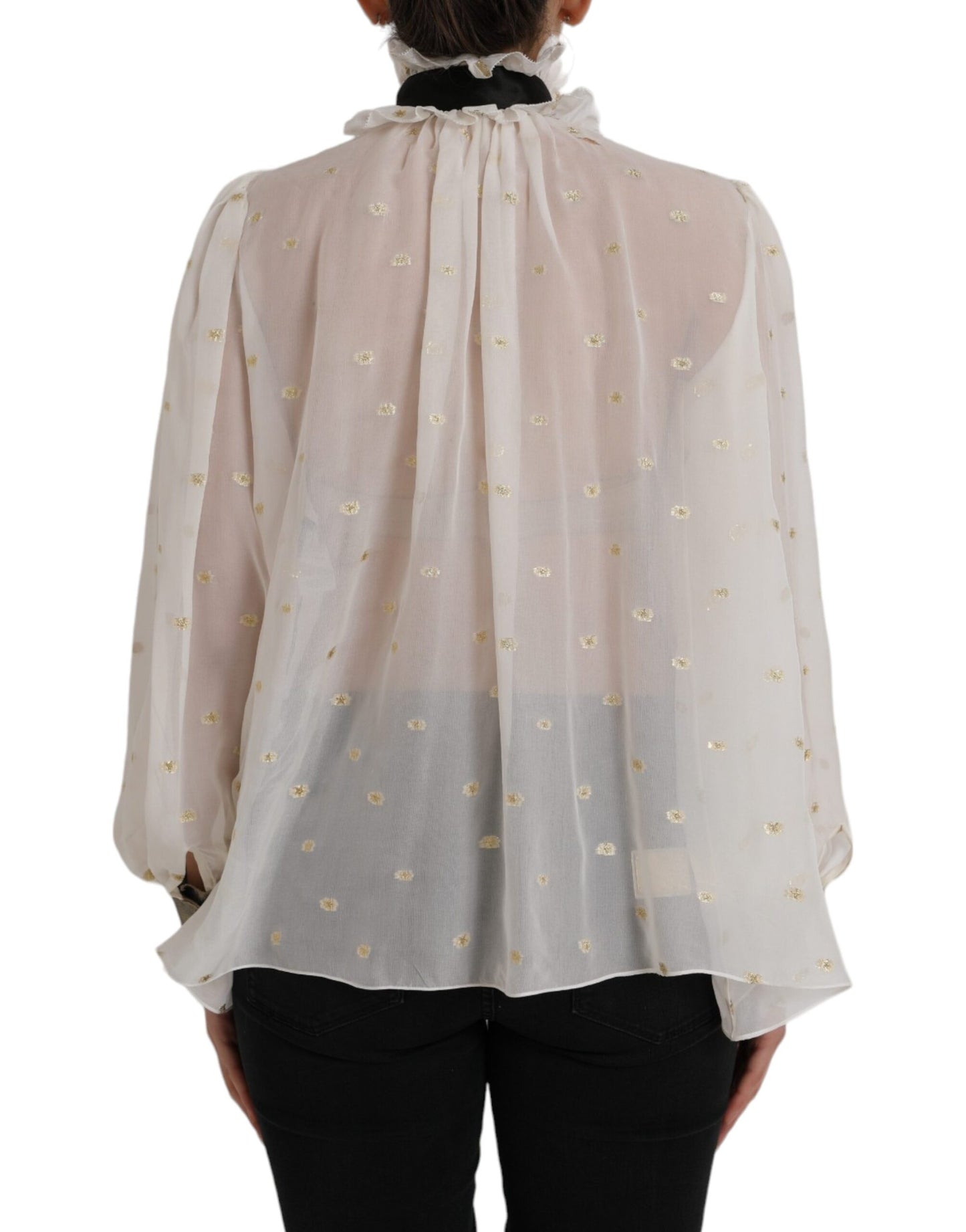 Blusa con cuello Ascot en mezcla de seda color blanco roto