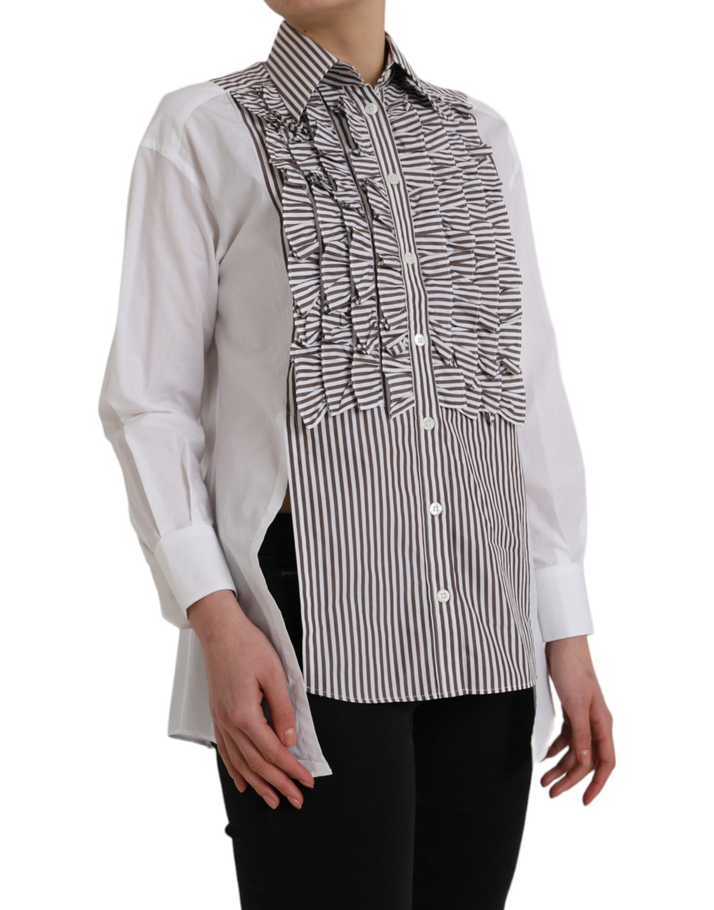 Top de algodón con mangas largas y cuello con volantes de rayas blancas