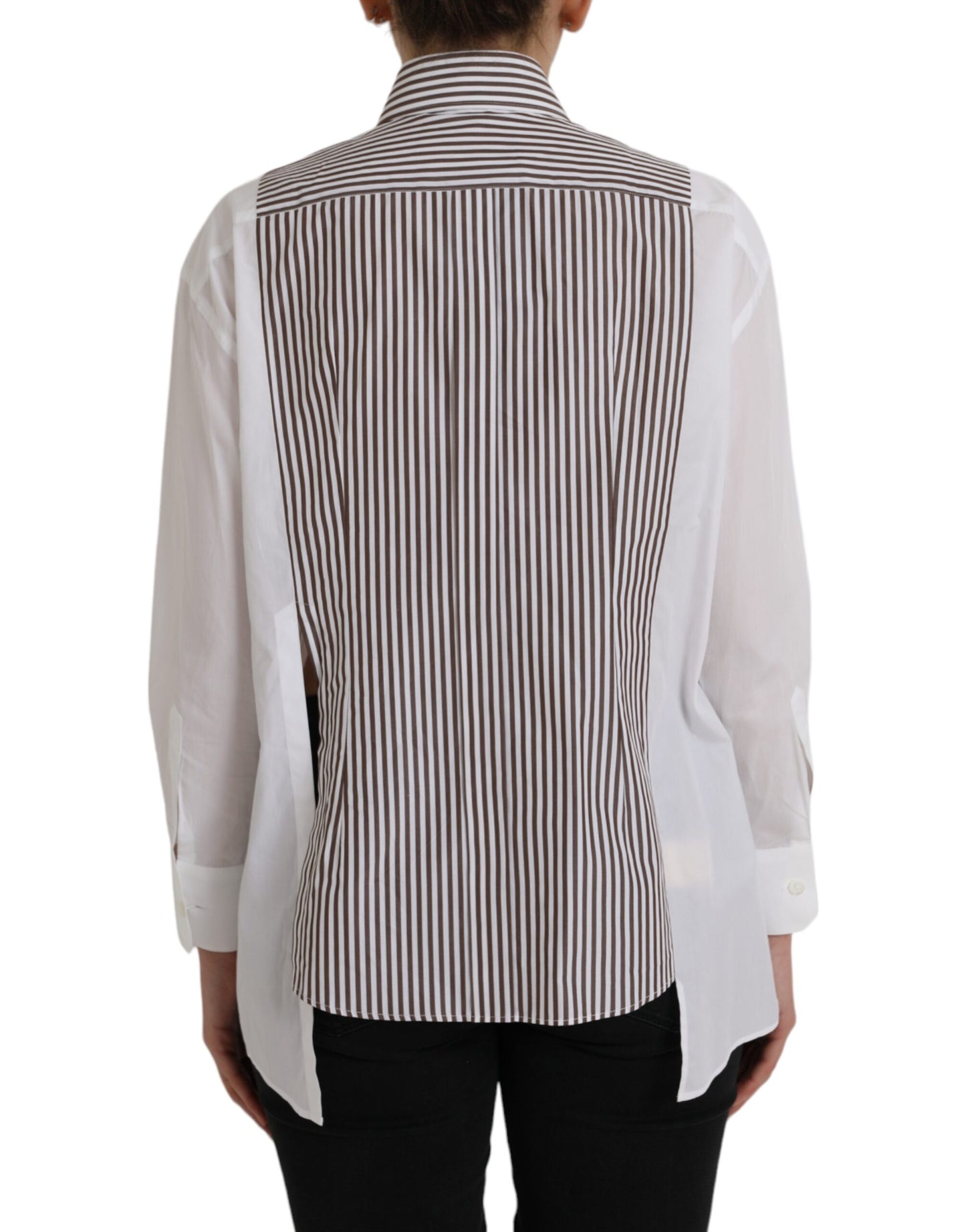 Top de algodón con mangas largas y cuello con volantes de rayas blancas