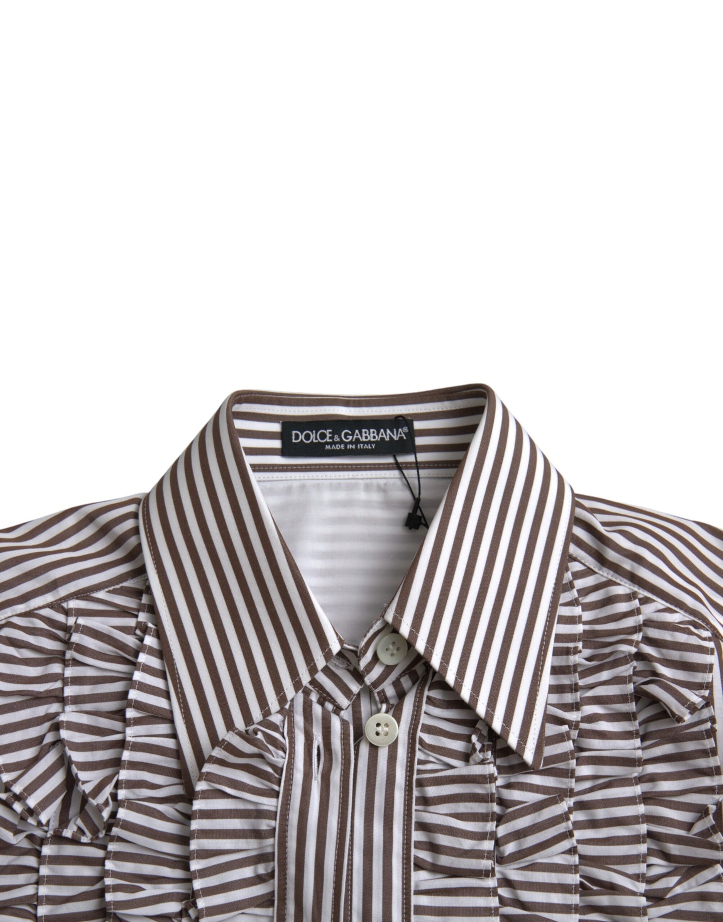 Top de algodón con mangas largas y cuello con volantes de rayas blancas