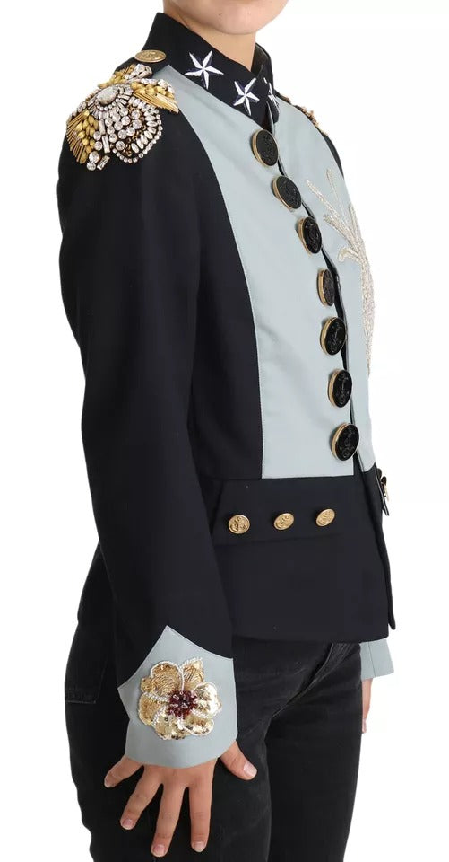 Chaqueta de algodón con botones azules y adornos de cristales