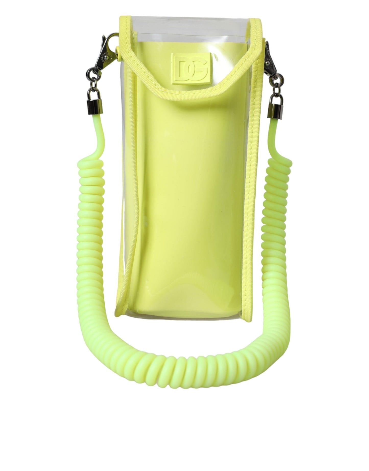 Cartera portatarjetas con correa para el cuello de plástico amarillo y verde con el logotipo de DG
