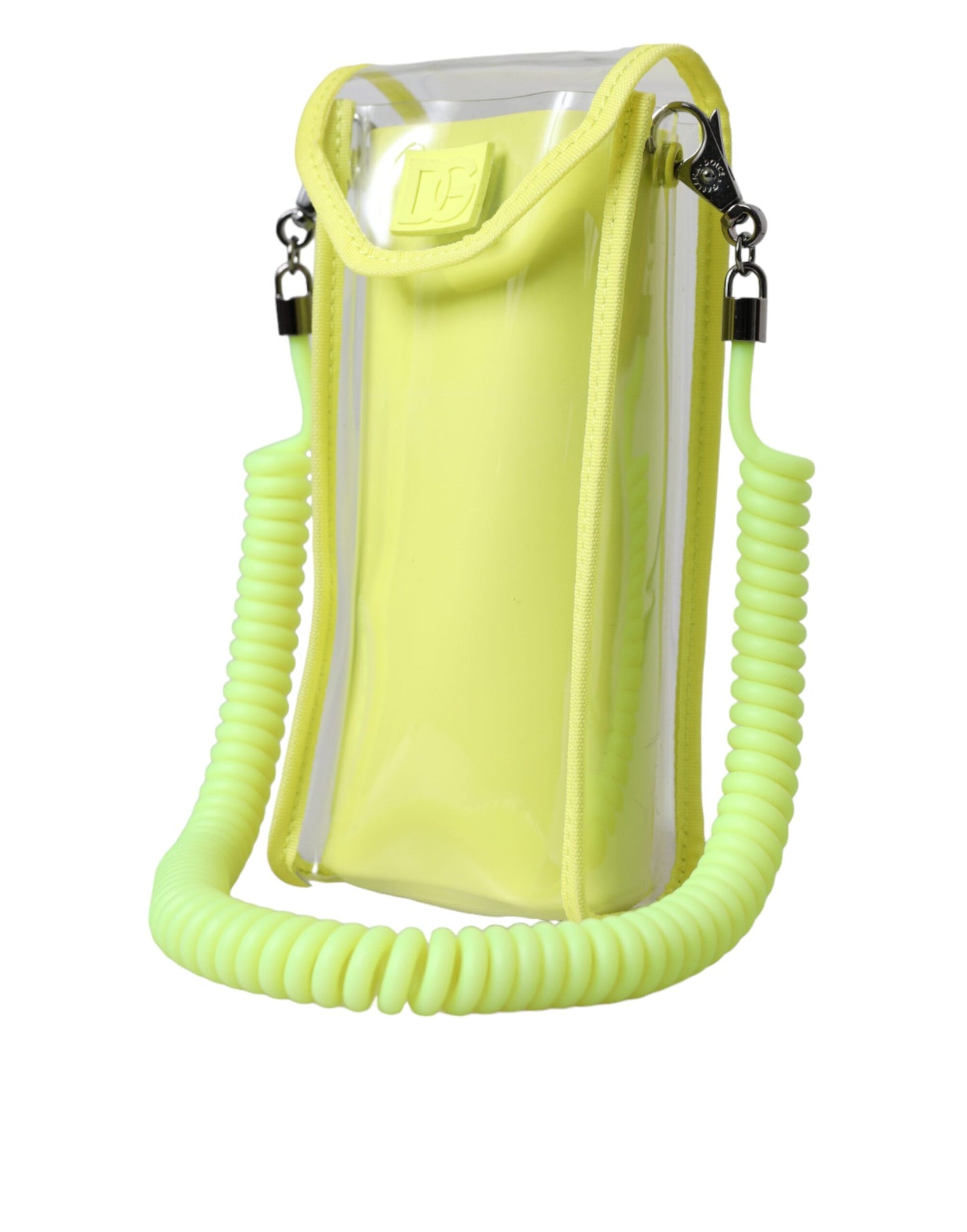 Cartera portatarjetas con correa para el cuello de plástico amarillo y verde con el logotipo de DG