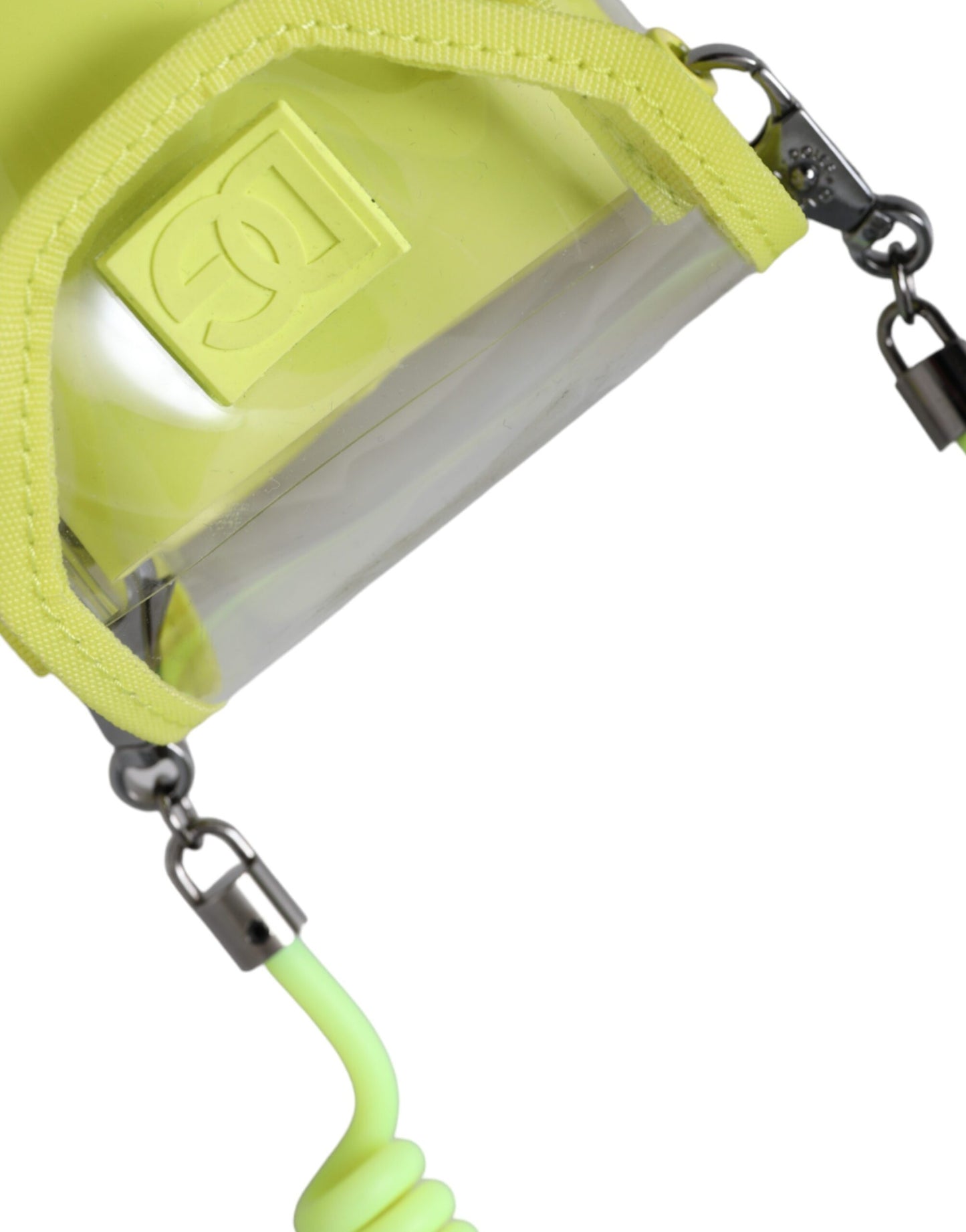 Cartera portatarjetas con correa para el cuello de plástico amarillo y verde con el logotipo de DG
