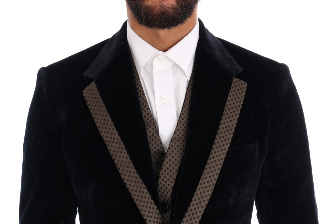 Traje ajustado de tres piezas de terciopelo azul con dos botones