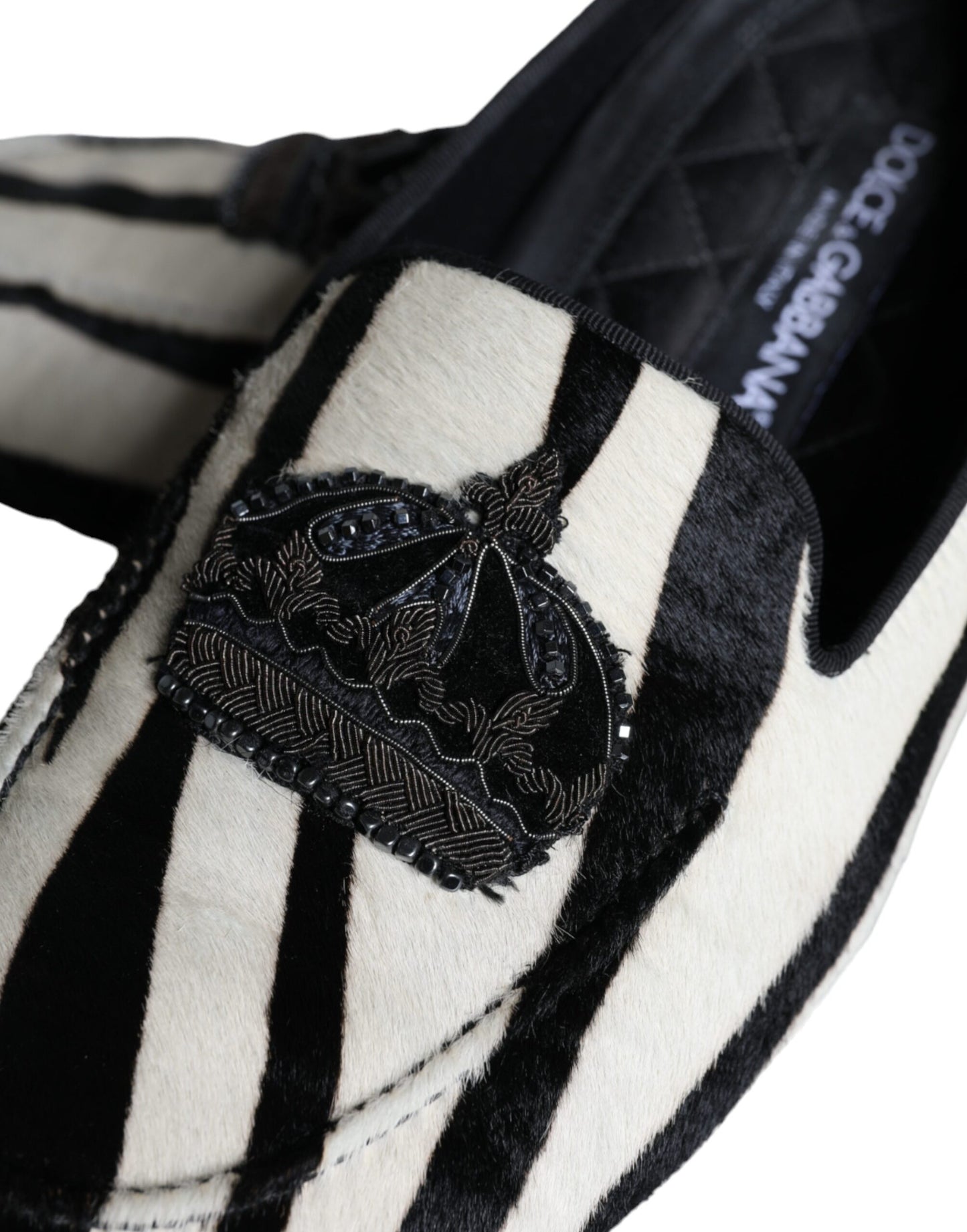 Mocassins à enfiler en fourrure de veau noir et blanc pour hommes