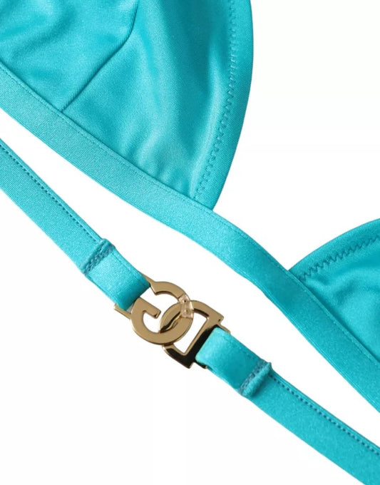 Top de bikini de playa con cuello halter azul y verde con el logotipo de DG